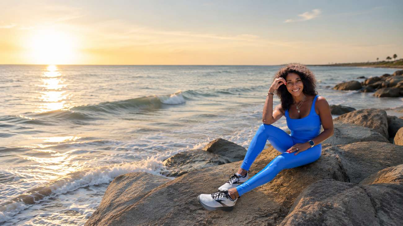 Ouida sitting by the ocean at sunset, smiling